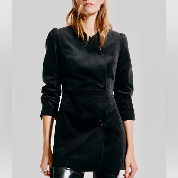 H&M NWT velvet velour/faux suede blazer mini dress, embellished bedded buttons - Picture 3 of 9